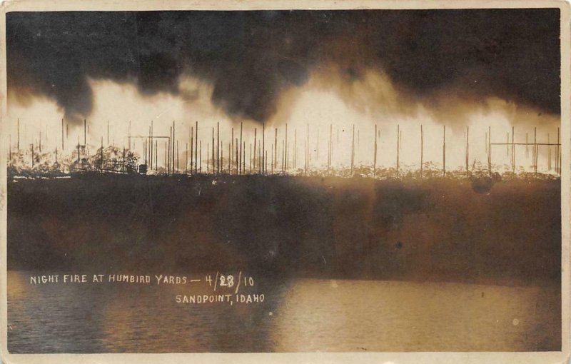 RPPC Night Fire Humbird Yards SANDPOINT Idaho Lumber 1910 Vintage Photo Postcard