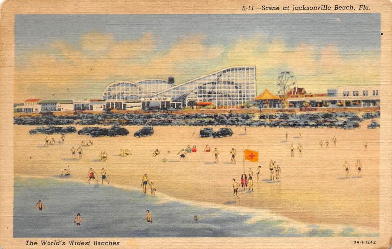 Jacksonville Florida 1940s Linen Postcard Beach Roller Coaster Amusement Park