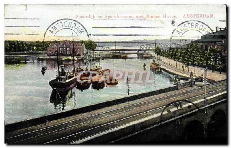 VINTAGE POSTCARD Spoordijk in Spoorbruggen puts Binnen Haven Amsterdam Bateaux 