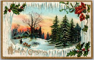 A Merry Christmas Pines Winter Sunset Green Leaves Greetings Card Postcard