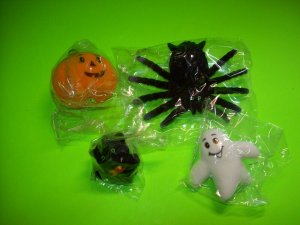 Vintage Halloween Flocked Toys Black Widow Spider Cat Ghost NOS 1960s Hong Kong