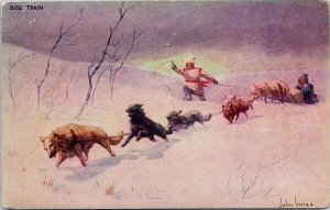 John Innes Artist Dog Train Sled Dogs Winter Transportation Western Postcard H56