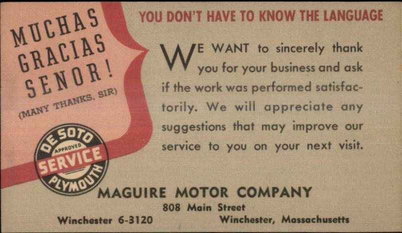 Winchester MA MaGuire Motor Co De Soto Plymouth Auto Car Serivce Postal Card