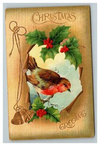 Vintage 1910's Christmas Postcard - Cute Red Belly Bird Mistletoe Gold Bells