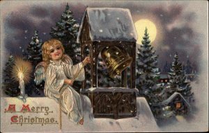 Tuck Christmas Little Girl Angel Ringing Bell c1910 Vintage Postcard