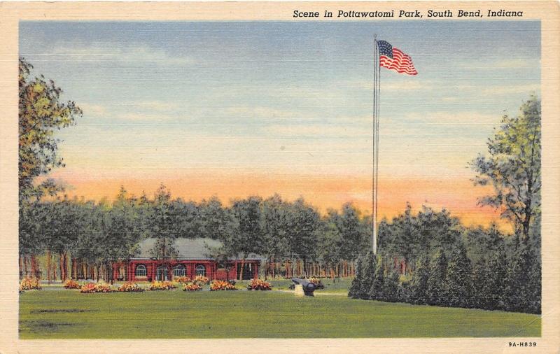 South Bend Indiana~Pottawatomi Park Scene~Cannon by Flag~1939 Postcard