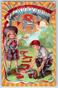 c1910's Fourth Of July Children With Firecrackers Embossed Antique Postcard