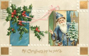 Embossed Christmas Postcard Blue Robe Santa Claus