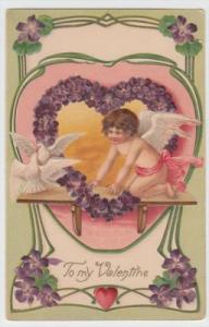 Cherub & Doves Embossed Valentine Postcard