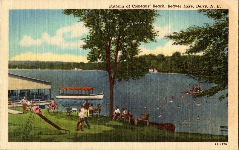 Bathing at Comeaus Beach, Beaver Lake Derry NH Vintage Linen Postcard ...