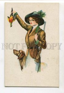 3126224 Lady as HUNTER w/ Dog Vintage LITHO Russian PC