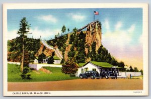 St Ignace Michigan~Castle Rock~Outdoor Staircase To Top~Vintage Linen Postcard
