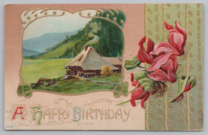 Greetings~Happy Birthday~Country Scene with House~Flowers~Vintage Postcard 