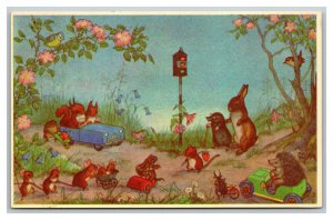 Vintage 1970's Postcard Cute Bunnies & Squirrels At a Traffic Light - Nice