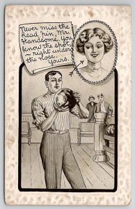 Man Bowling Never Miss The Head Pin Pretty Lady On His Mind Postcard B40