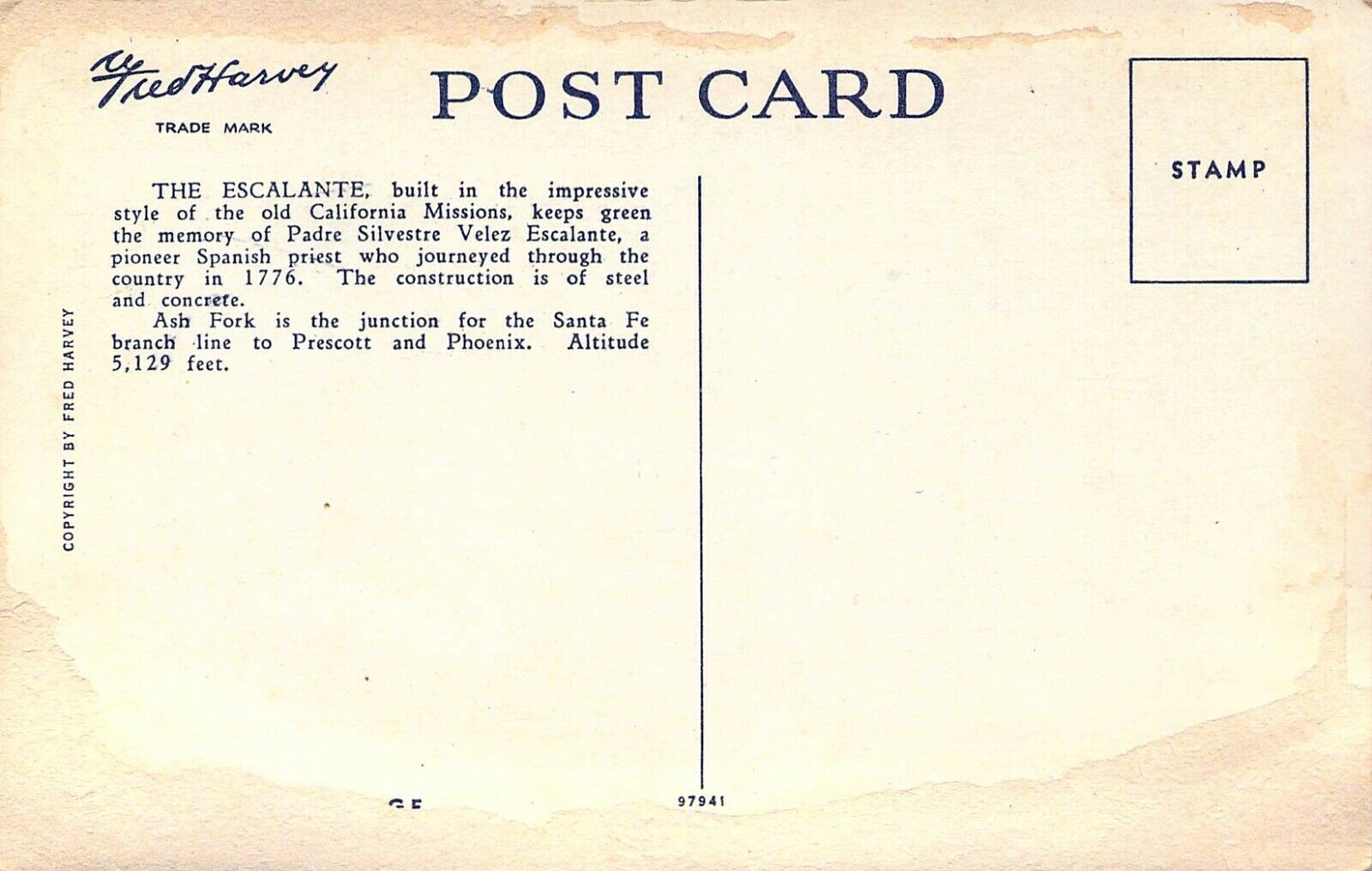 Fred Harvey H1885, Escalante Hotel, Ash Fork, AZ, Old Postcard