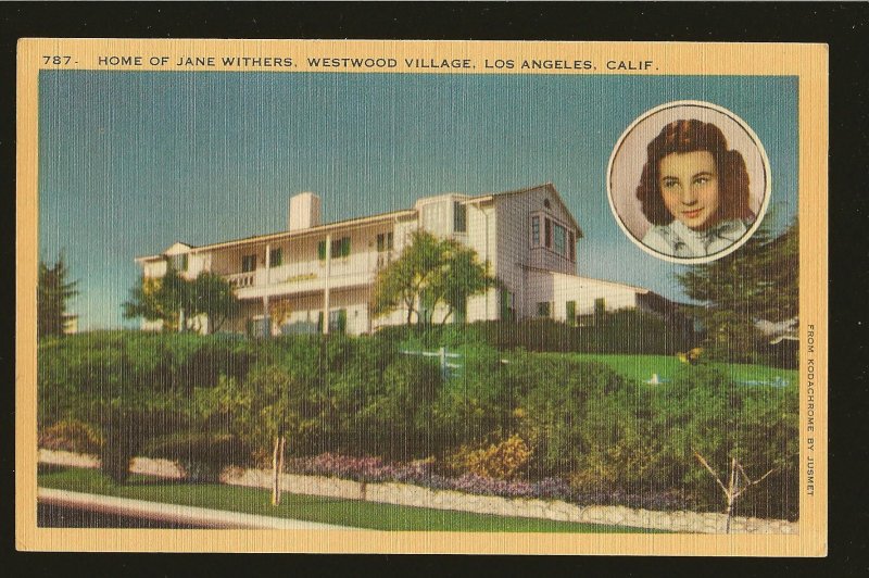 Home of Jane Withers Westwood Village Los Angeles California Linen Postcard