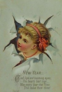 1870's-1880's Lovely Embossed Victorian New Years' Trade Card Cute Girl P67