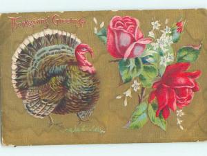 Pre-Linen thanksgiving TURKEY BIRD WITH PINK AND RED ROSE FLOWERS HQ7470