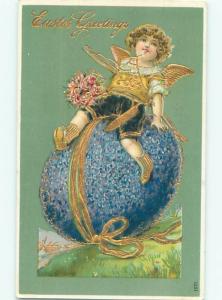 Pre-Linen Easter ANGEL SITTING ON EGG MADE OF FLOWERS AB4036