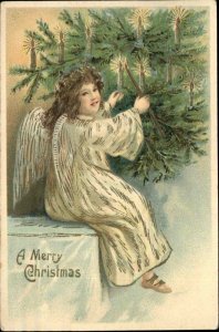 CHRISTMAS Little Girl Angel Candles on Christmas Tree EMBOSSED c1910 Postcard