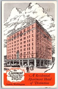 Vtg Seattle Washington WA Claremont Apartment Hotel 1940s Advertising Postcard