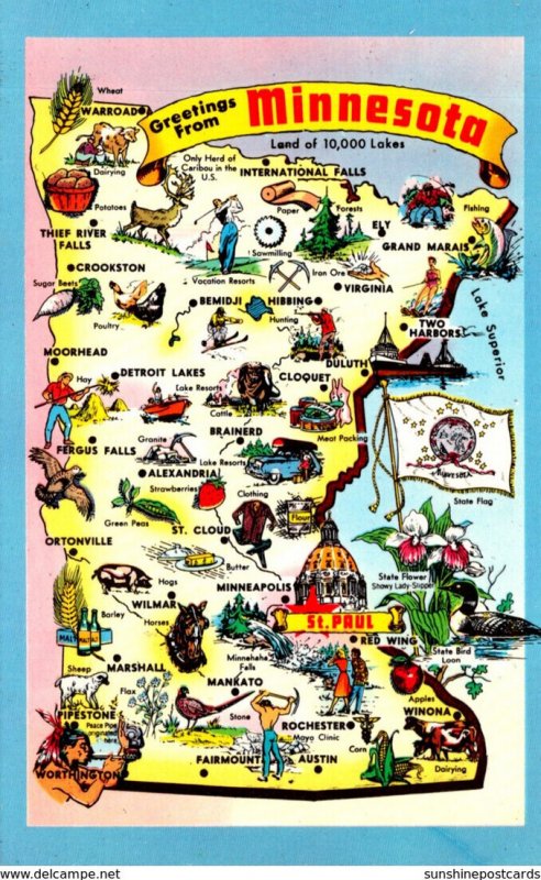 Map Of Minnesota With Greetings From The North Star Or Gopher State