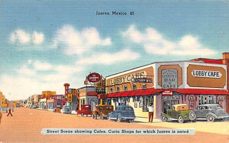 Street scene showing caf»s Juarez Mexico Tarjeta Postal 1917 