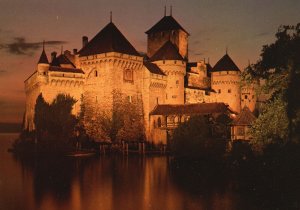 Postcard Chillon Montreux Le Chateau Island Castle in Veytaux, Switzerland