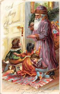 C3/ Santa Claus Merry Christmas Postcard 1907 CLeveland Ohio Purple Suit Kids 10
