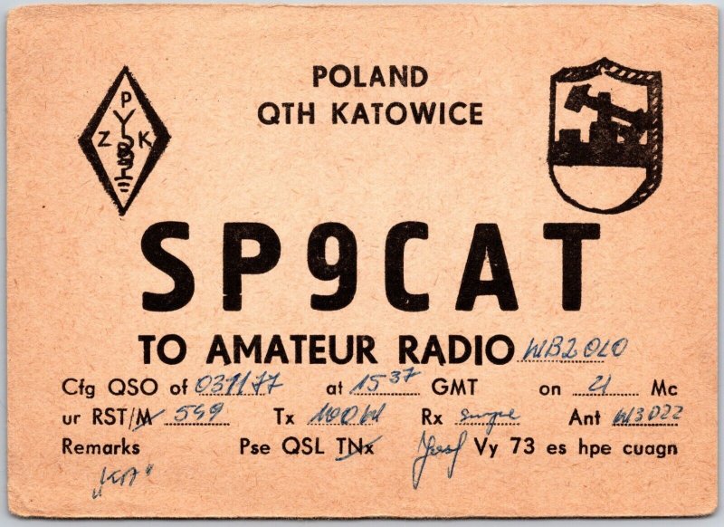 Radio Card SP9CAT Poland Qth Katowice Amateur Station Postcard