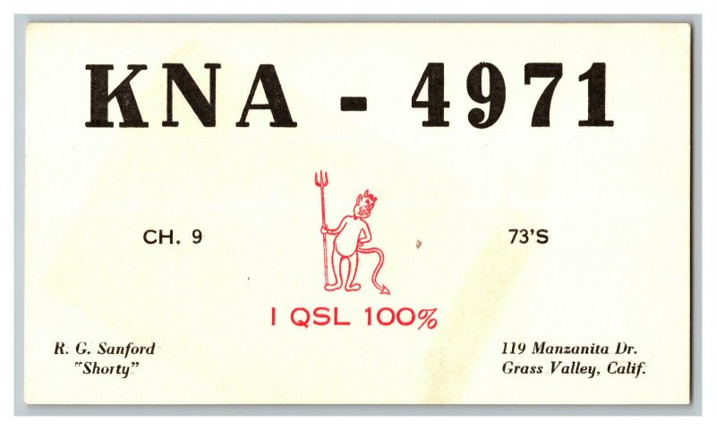 QSL Radio Card From Grass Valley Calif. Calfornia KNA - 4971 