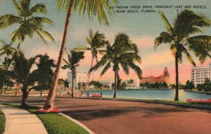 Vintage Postcard 1939 Indian Creek Drive Pancoast Lake & Hotels Miami Beach Fla.