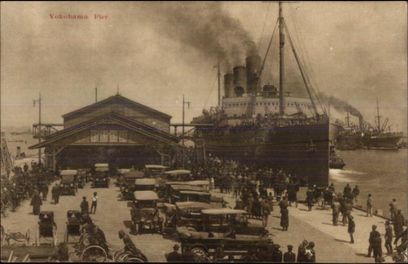 Yokohama Japan Steamship at Busy Dock Old Cars c1920 Postcard