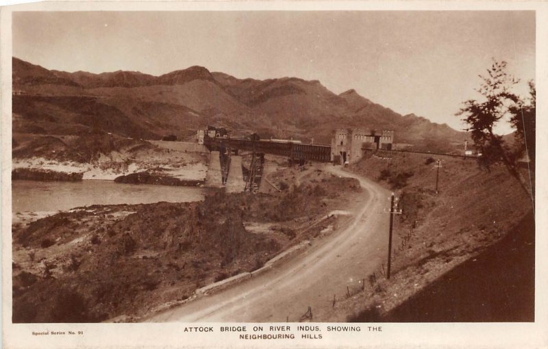 Lot142 real photo bridge on river indus showing the neighbouring hills pakistan