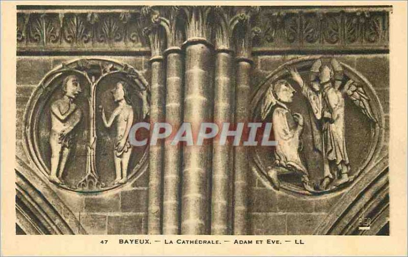 Old Postcard Bayeux Cathedral Adam and Eve