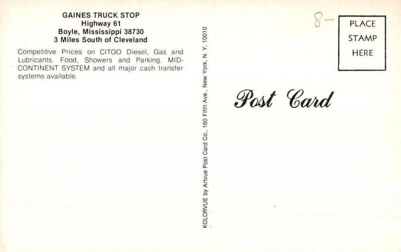 Boyle Mississippi Gaines Truck Stop Citgo Station Vintage Postcard K64254