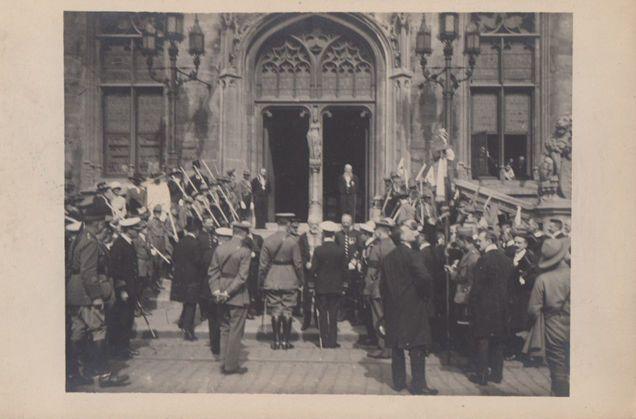 British Army At Bruges Town Hall WW1 Antique Military Postcard