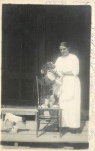 c1910 RPPC; Woman in White w/ Dogs, Toodles & Bob, Spaniel on Chair, Unknown US