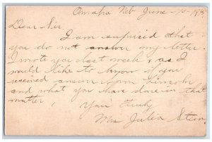 1895 Letter from Julia Fremont NE Omaha Nebraska NE Posted Postal Card