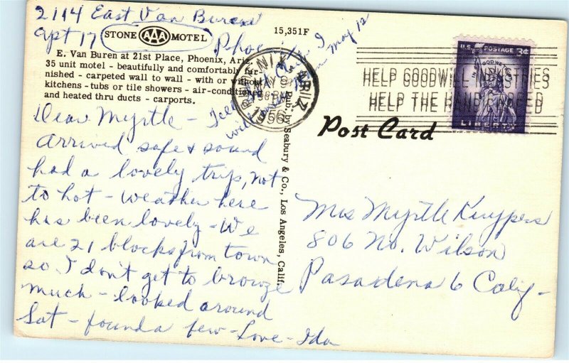 Phoenix Arizona Stone Motel 2114 East Van Buren Vintage Linen Postcard E50