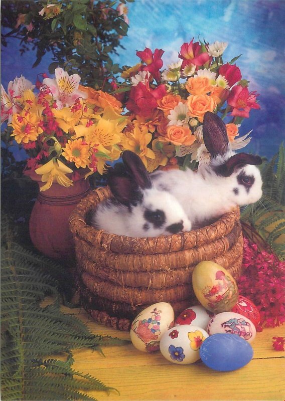 Easter Postcard basket rabbits painted eggs decorative vase floral arrangements 