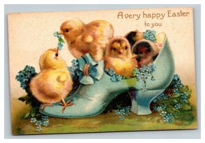 Vintage 1909 International Art Easter Postcard Cute Chicks Blue Flowers Old Shoe