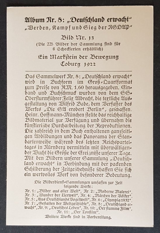 THIRD 3rd REICH ORIGINAL SMALL FORMAT COLLECTOR PHOTO CARD - GERMANY AWAKENS