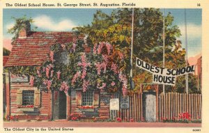 ST AUGUSTINE FL Florida OLDEST SCHOOL HOUSE In US c1940's Tichnor Linen Postcard