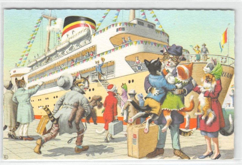 Cats Boarding Steamship Mainzer Belgium #4935 Vintage Fantasy Anthropomorphic