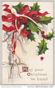 Clapsaddle Christmas Wishbones Red Ribbin with Holly 1908