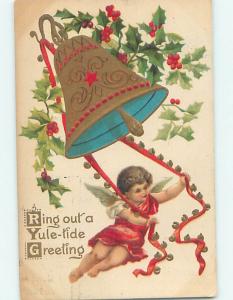 Pre-Linen christmas ANGEL PULLS RED RIBBON TO RING THE BELL HQ6839