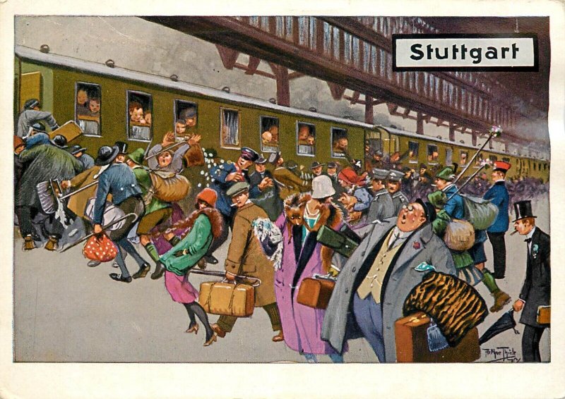 Germany Stuttgart crowded railway station caricatures greetings postcard 1964