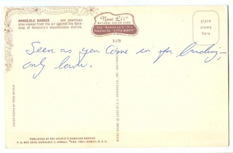 United States, Honolulu Harbor, Hawaii, 1960s used Postcard 